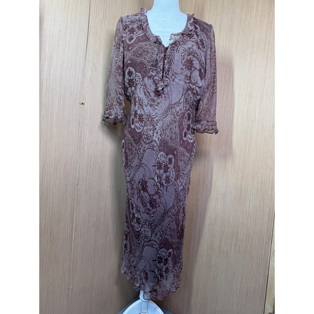 ICE Silk Beaded Floral Paisley Midi Dress Brown Mauve Ruffle V-Neck Vintage Y2K